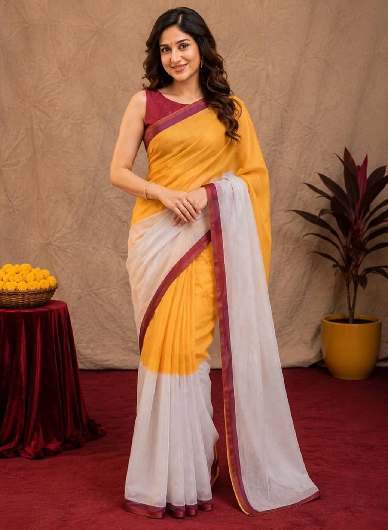  yellow chanderi cotton blend printed work 1 minute ready to wear saree with unstitched blouse piece