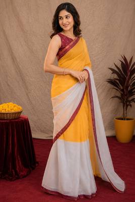  yellow chanderi cotton blend printed work 1 minute ready to wear saree with unstitched blouse piece 2