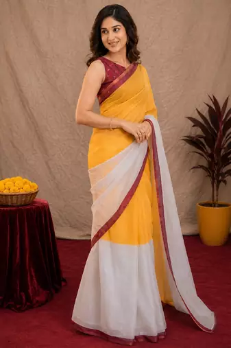  yellow chanderi cotton blend printed work 1 minute ready to wear saree with unstitched blouse piece