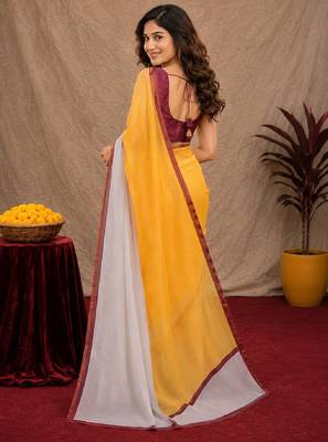  yellow chanderi cotton blend printed work 1 minute ready to wear saree with unstitched blouse piece 3