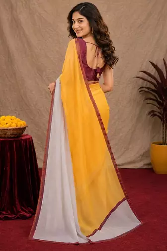  yellow chanderi cotton blend printed work 1 minute ready to wear saree with unstitched blouse piece