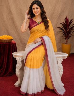  yellow chanderi cotton blend printed work 1 minute ready to wear saree with unstitched blouse piece 4