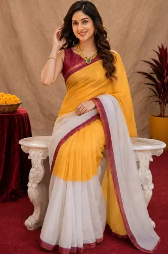  yellow chanderi cotton blend printed work 1 minute ready to wear saree with unstitched blouse piece