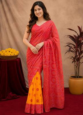  red chanderi cotton blend printed work 1 minute ready to wear saree with unstitched blouse piece 1