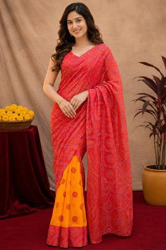  red chanderi cotton blend printed work 1 minute ready to wear saree with unstitched blouse piece