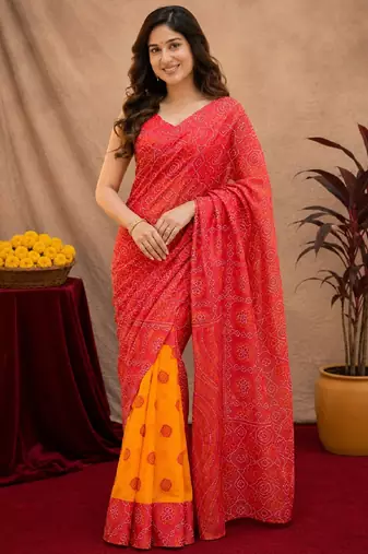  red chanderi cotton blend printed work 1 minute ready to wear saree with unstitched blouse piece