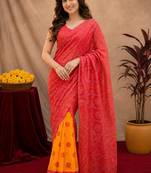  red chanderi cotton blend printed work 1 minute ready to wear saree with unstitched blouse piece