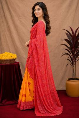  red chanderi cotton blend printed work 1 minute ready to wear saree with unstitched blouse piece 2