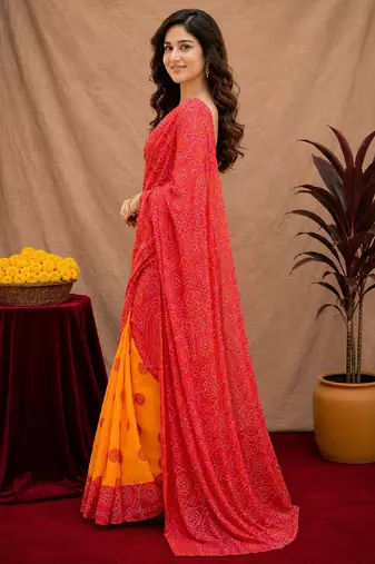  red chanderi cotton blend printed work 1 minute ready to wear saree with unstitched blouse piece