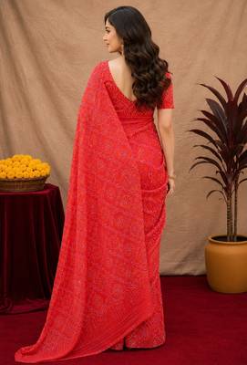  red chanderi cotton blend printed work 1 minute ready to wear saree with unstitched blouse piece 3