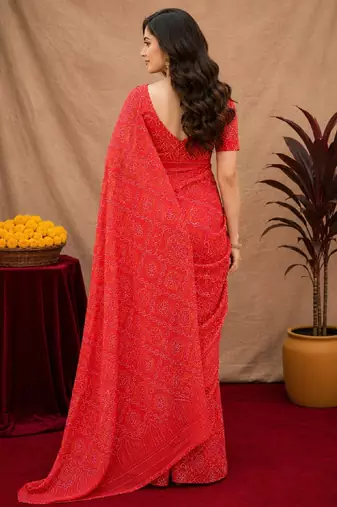  red chanderi cotton blend printed work 1 minute ready to wear saree with unstitched blouse piece