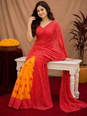  red chanderi cotton blend printed work 1 minute ready to wear saree with unstitched blouse piece 4