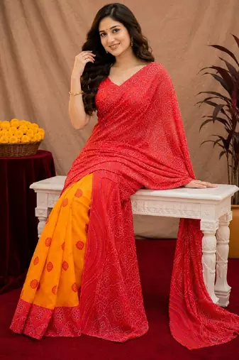  red chanderi cotton blend printed work 1 minute ready to wear saree with unstitched blouse piece