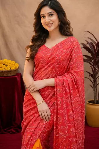  red chanderi cotton blend printed work 1 minute ready to wear saree with unstitched blouse piece