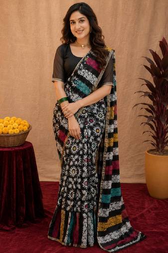  black chanderi cotton blend printed work 1 minute ready to wear saree with unstitched blouse piece