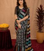  black chanderi cotton blend printed work 1 minute ready to wear saree with unstitched blouse piece