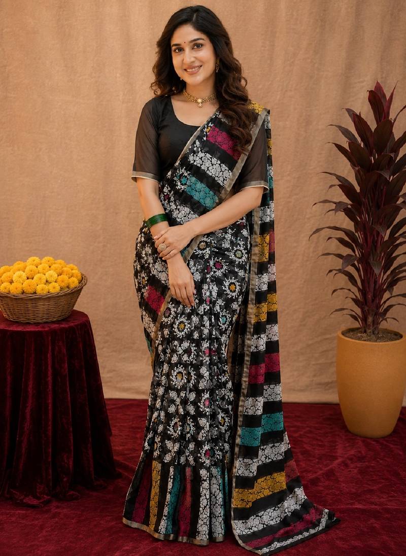  black chanderi cotton blend printed work 1 minute ready to wear saree with unstitched blouse piece