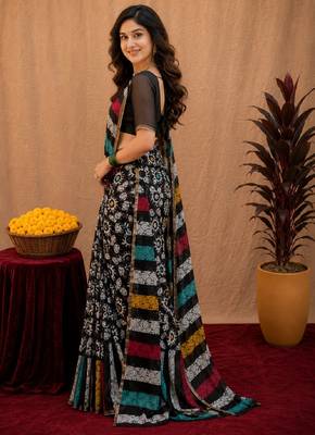  black chanderi cotton blend printed work 1 minute ready to wear saree with unstitched blouse piece 2
