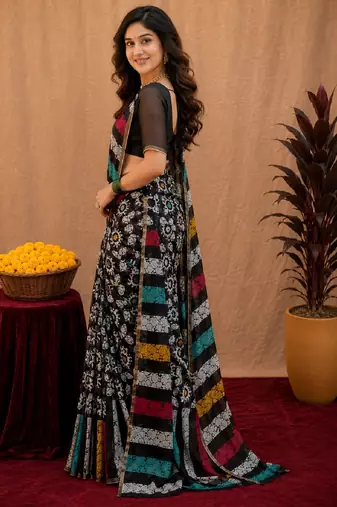 black chanderi cotton blend printed work 1 minute ready to wear saree with unstitched blouse piece