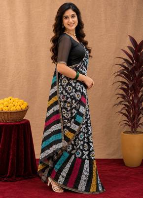  black chanderi cotton blend printed work 1 minute ready to wear saree with unstitched blouse piece 3