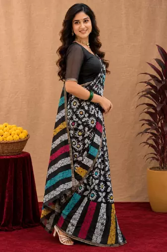  black chanderi cotton blend printed work 1 minute ready to wear saree with unstitched blouse piece