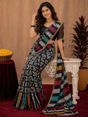  black chanderi cotton blend printed work 1 minute ready to wear saree with unstitched blouse piece 4