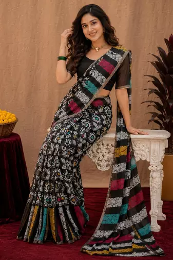  black chanderi cotton blend printed work 1 minute ready to wear saree with unstitched blouse piece