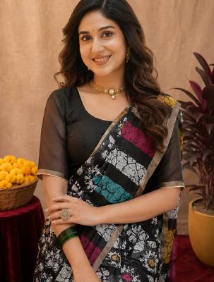  black chanderi cotton blend printed work 1 minute ready to wear saree with unstitched blouse piece 5