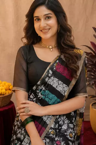  black chanderi cotton blend printed work 1 minute ready to wear saree with unstitched blouse piece
