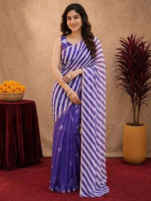  purple chanderi cotton blend printed work 1 minute ready to wear saree with unstitched blouse piece 2