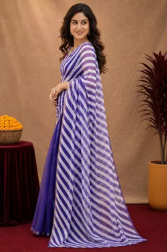  purple chanderi cotton blend printed work 1 minute ready to wear saree with unstitched blouse piece
