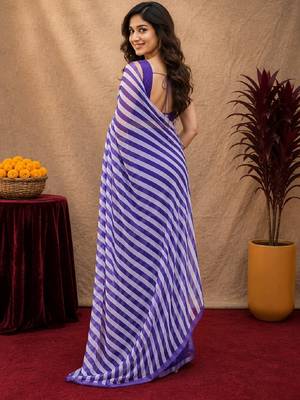  purple chanderi cotton blend printed work 1 minute ready to wear saree with unstitched blouse piece 4