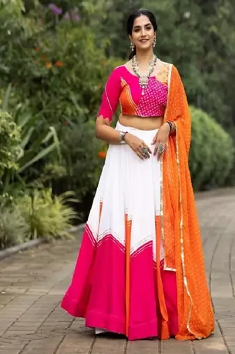 ORANGE RAYON COTTON EMBROIDERY NAVRATRI TOP CHANIYA CHOLI - FULL STICHED FREE SIZE UP TO 42