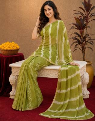  mehendi chanderi cotton blend printed work 1 minute ready to wear saree with unstitched blouse piece 1