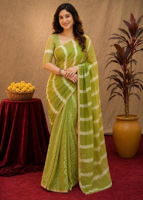  mehendi chanderi cotton blend printed work 1 minute ready to wear saree with unstitched blouse piece 2
