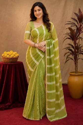  mehendi chanderi cotton blend printed work 1 minute ready to wear saree with unstitched blouse piece