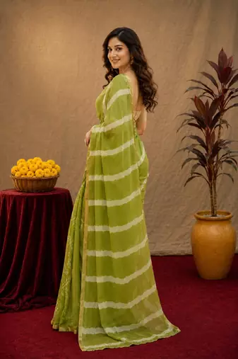  mehendi chanderi cotton blend printed work 1 minute ready to wear saree with unstitched blouse piece