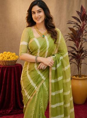  mehendi chanderi cotton blend printed work 1 minute ready to wear saree with unstitched blouse piece 5