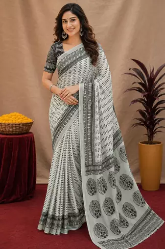  white chanderi cotton blend printed work 1 minute ready to wear saree with unstitched blouse piece
