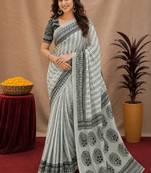 white chanderi cotton blend printed work 1 minute ready to wear saree with unstitched blouse piece
