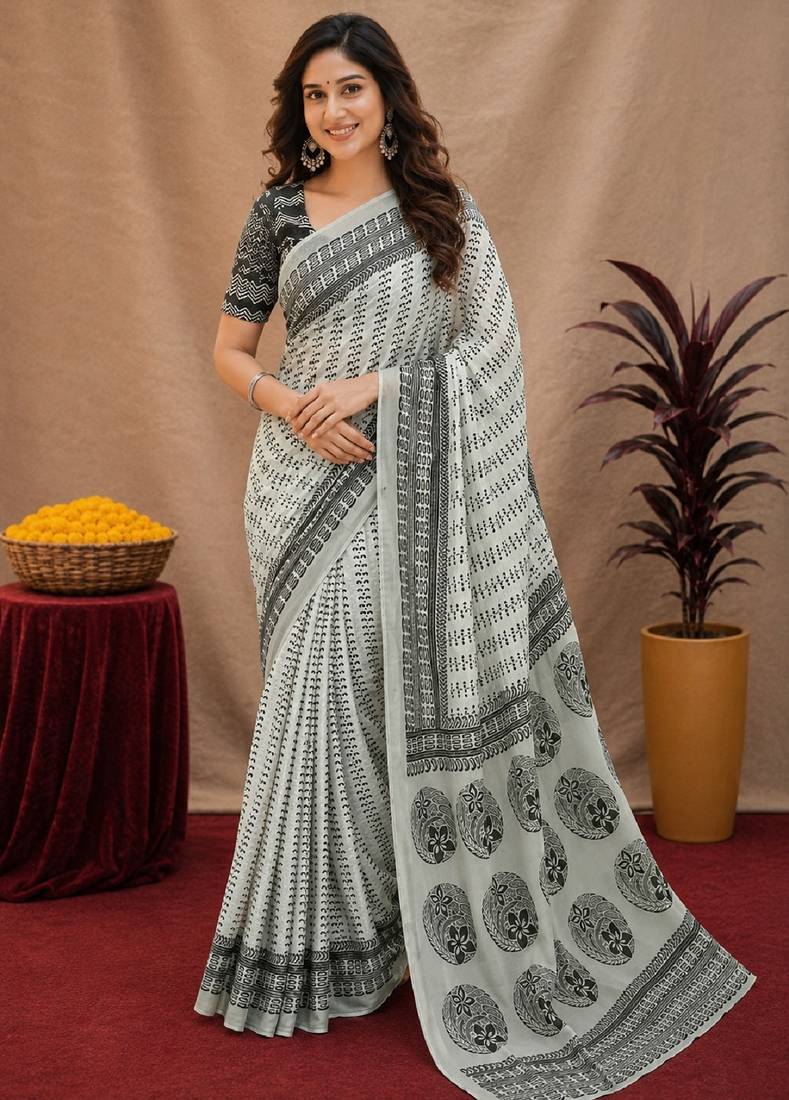  white chanderi cotton blend printed work 1 minute ready to wear saree with unstitched blouse piece