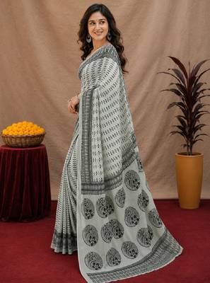  white chanderi cotton blend printed work 1 minute ready to wear saree with unstitched blouse piece 2