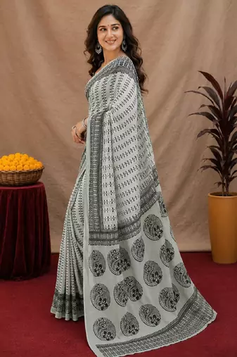  white chanderi cotton blend printed work 1 minute ready to wear saree with unstitched blouse piece