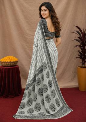  white chanderi cotton blend printed work 1 minute ready to wear saree with unstitched blouse piece 3