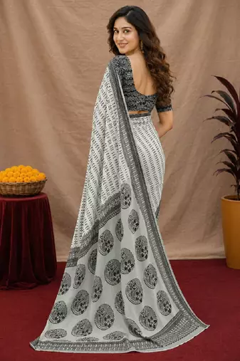  white chanderi cotton blend printed work 1 minute ready to wear saree with unstitched blouse piece