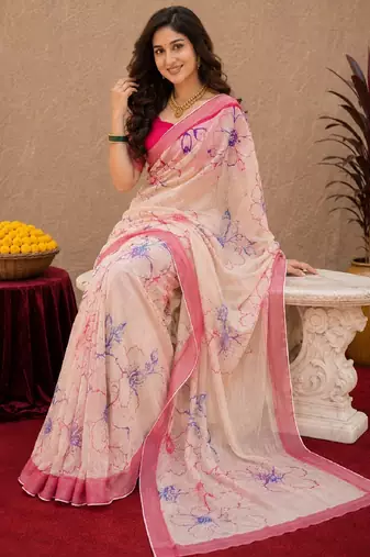  off white pink chanderi cotton blend printed work 1 minute ready to wear saree with unstitched blouse piece