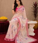  off white pink chanderi cotton blend printed work 1 minute ready to wear saree with unstitched blouse piece