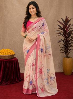  off white pink chanderi cotton blend printed work 1 minute ready to wear saree with unstitched blouse piece 2