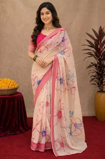  off white pink chanderi cotton blend printed work 1 minute ready to wear saree with unstitched blouse piece