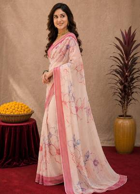  off white pink chanderi cotton blend printed work 1 minute ready to wear saree with unstitched blouse piece 3